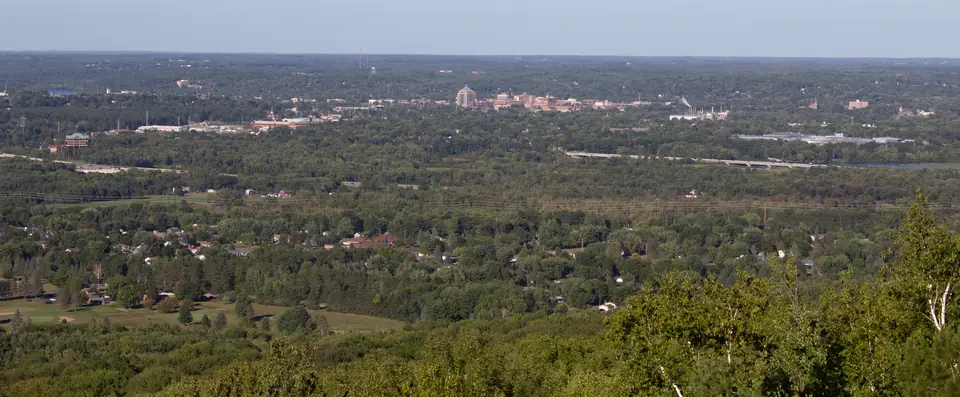 Wausau and the surrounding Marathon County forest seen from Rib Mountain in summer